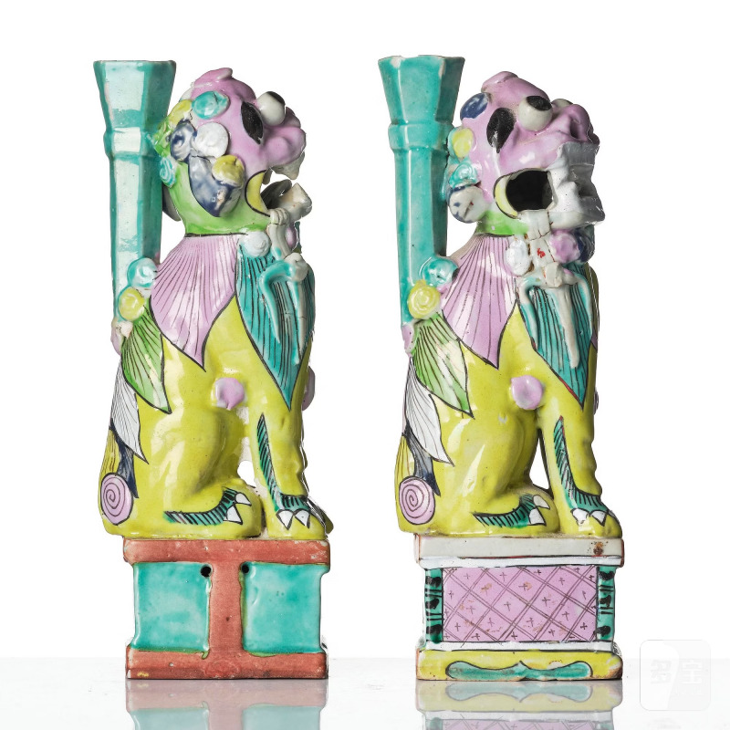 A pair of famille rose 'buddhist lion' joss stick holders, - 图4